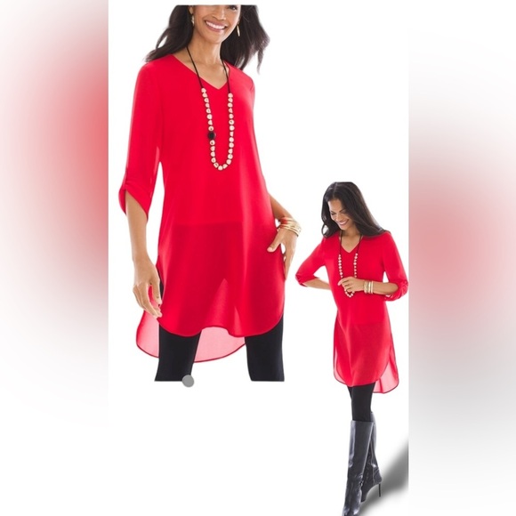 CHICOS High Low Woven Top Women’s Size Small, Red NWOT Button Roll Sleeves - Picture 4 of 14